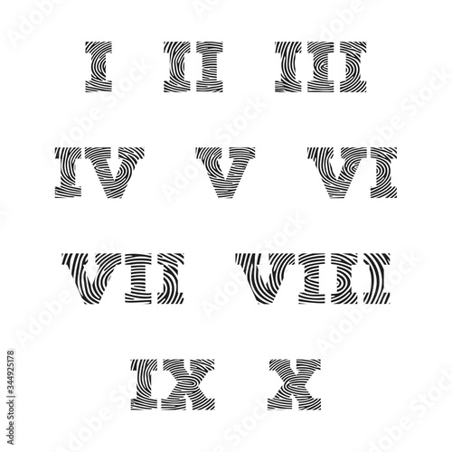 Roman numerals set. Vector illustration isolated on white background. Fingerprint Roman numerals set. Isolated thumbprint and fingerprint Roman numerals set icon. Premium quality vector symbol or Icon
