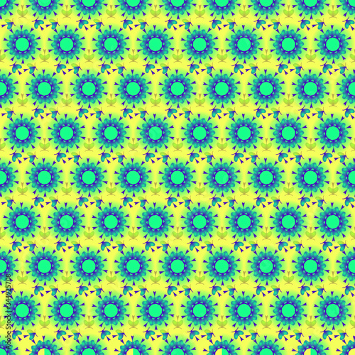 A seamless pattern that consists of abstract shapes similar to flowers of different colors, such as purple, blue, green colors on an orange background.