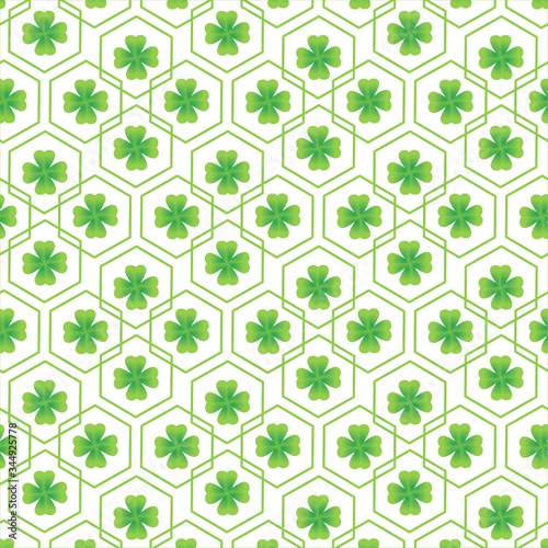 Green clover leaf with geometric seamless pattern vector on white background for design.