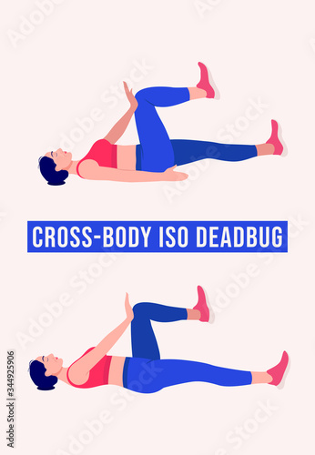 Girl doing Cross Body ISO Dead bug exercise, Woman workout fitness, aerobic and exercises. Vector Illustration.