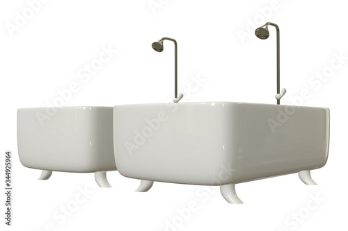 Bath tub with legs and shower. Sanitary concept. 3d render isolated on white background.