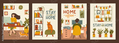 Set of postcards stay at home. Work and rest at home. Remote work concepts. Hand drawn illustrations. 