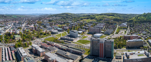 Aerial panoramatic view of center Zlin, modern town in Moravia