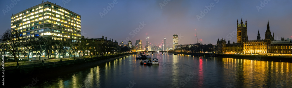 LONDON- Panoramic view of the Houses of Parliament, the River Thames and St Thomas Hospital 