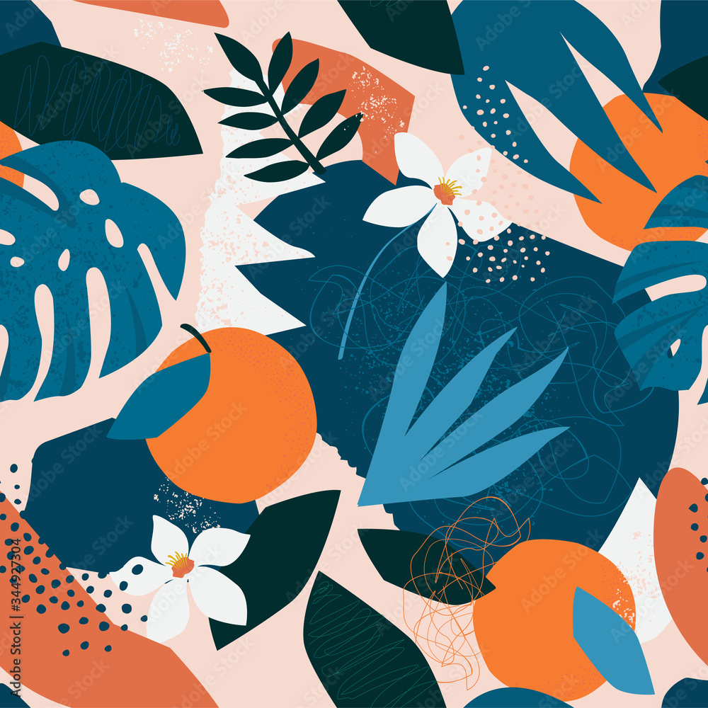 Collage contemporary floral seamless pattern. Modern exotic jungle fruits and plants illustration in vector