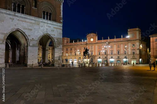 Piacenza, Italy, view of "palazzo Gotico" ( gothic palace) and "piazza Cavalli (horse's square) during night