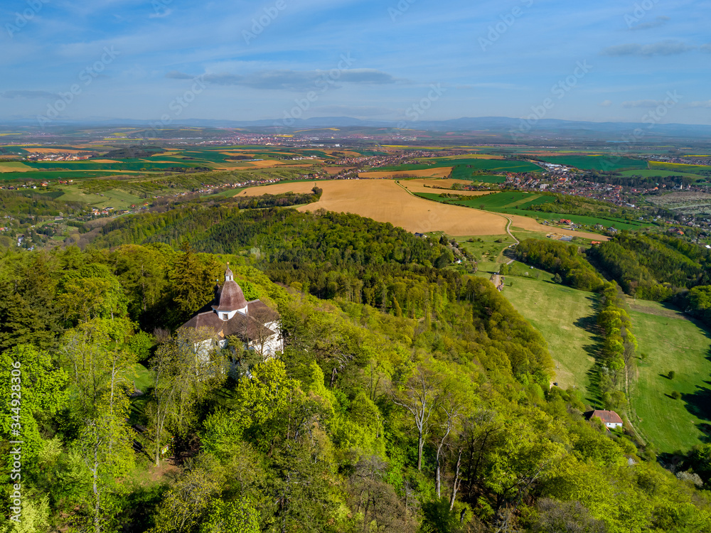 Fototapeta premium Aerial view of castle Buchlov and chapelle of st. Barbora in the Moravia landscape