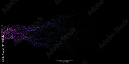 Abstract colorful dots particles flowing wavy isolated on black background. Vector illustration design elements in concept of technology, energy, science, music.