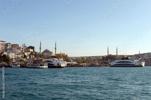 Passenger ships in the Bosphorus Strait at the Uksyudar Shehir Khatlary Isklesi Maritime Station on the Asian side of Istanbul