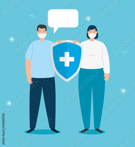 campaign of stop 2019 ncov with couple using face mask vector illustration design