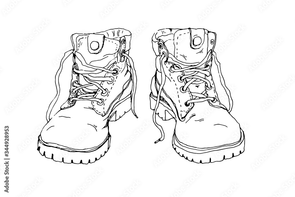 Hiking shoes / Hand-drawn ink illustration, isolated on white ...