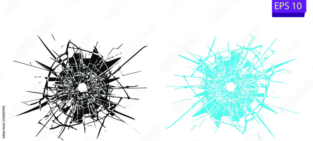 Obraz premium Broken glass, cracks, bullet marks on glass. High resolution. Texture glass with black hole. 