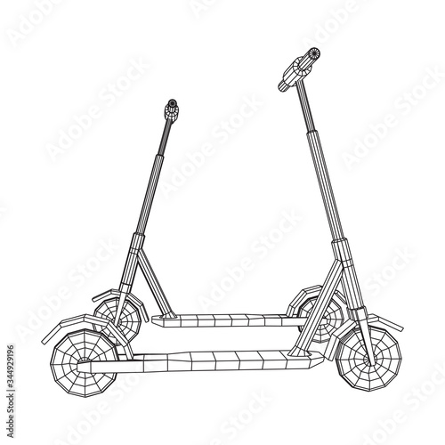 Roller scooter balance kick push bike. Eco alternative city transport. Wireframe low poly mesh vector illustration.