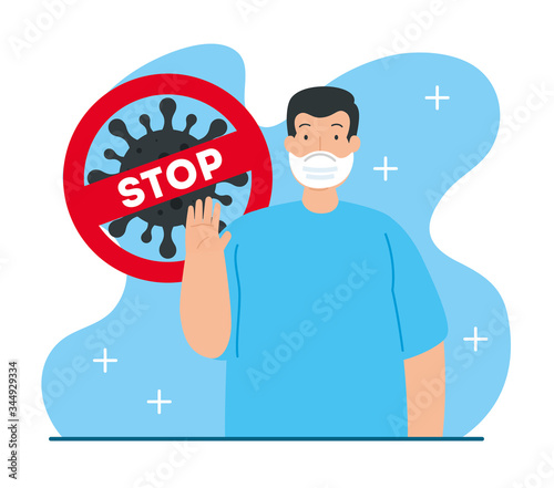 campaign of stop 2019 ncov with man using face mask vector illustration design