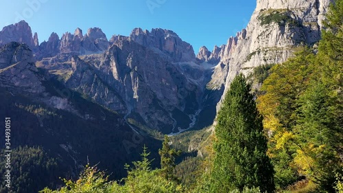 Beautiful aerial view of the Dolomites di Brenta group seen from Molveno in Trentino in the autumn time, Italy