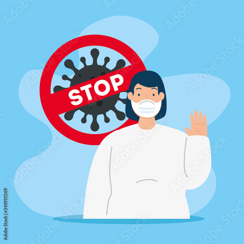 campaign of stop 2019 ncov with woman using face mask vector illustration design