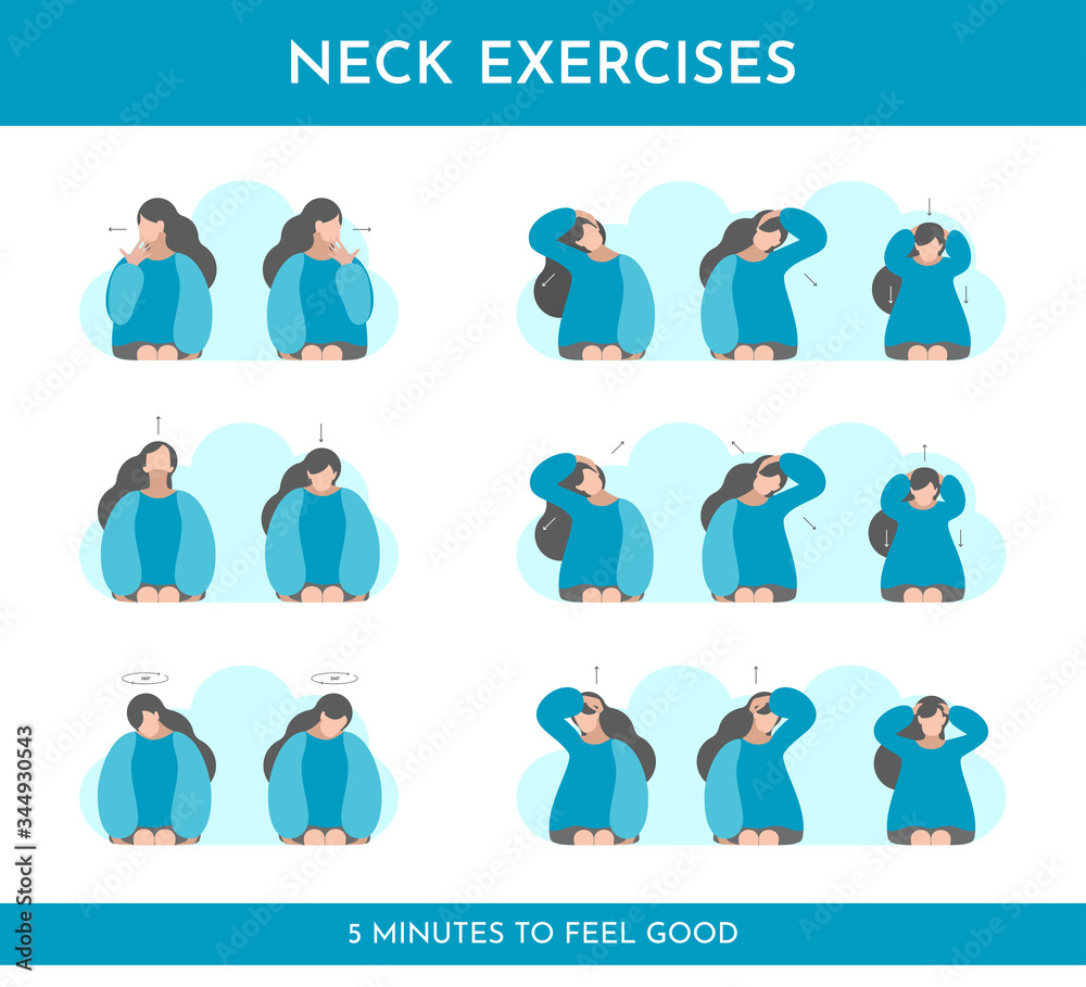 Vector flat illustration with exercises for neck, head, shoulders if its hurt. Stretching activity and self massage by girl . Blue colors. Template for desktop memo Vector flat illustration with exercises for neck, head, shoulders if its hurt. Stretching activity and self massage by girl . Blue colors. Template for desktop memo