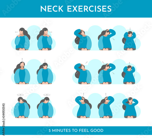 Vector flat illustration with exercises for neck, head, shoulders if its hurt. Stretching activity and self massage by girl . Blue colors. Template for desktop memo