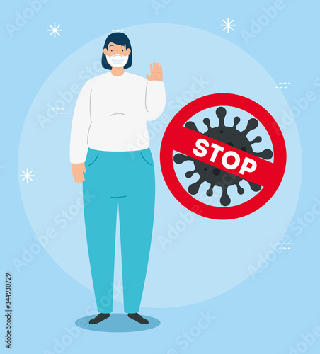 campaign of stop 2019 ncov with woman using face mask vector illustration design