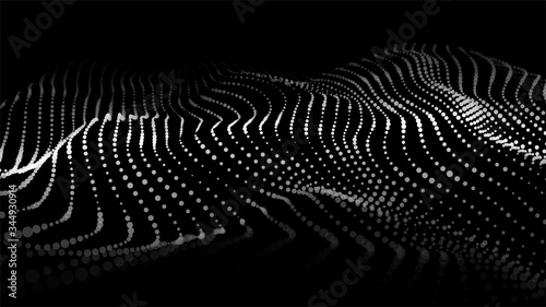 Dynamic particles wave. White dots on black background. Digital landscape. Vector illustration.Big data visualization 3D.