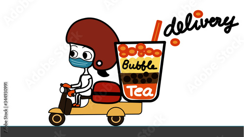 Delivery girl is riding Bubble tea delivery scooter