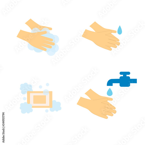 Hand hygiene. Set icon of hands, soap, wash hands with soap, water. Vector stock illustration isolated on white background