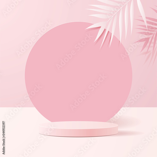 minimal scene with geometrical forms. Cylinder podiums in soft pink background with paper leave on column. Scene to show cosmetic product, Showcase, shopfront, display case. 3d vector illustration.