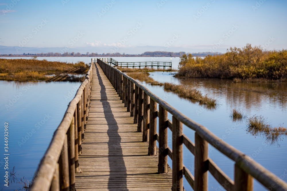 Naklejka premium Wooden deck constructed for water transportation and birdwatching at the protected areas of lake Vistonida Porto Lagos. Xanthi region, Northern Greece. Selective shallow focus image