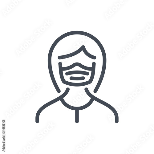 Woman in medical face protection mask line icon. Face guard protection vector outline sign.