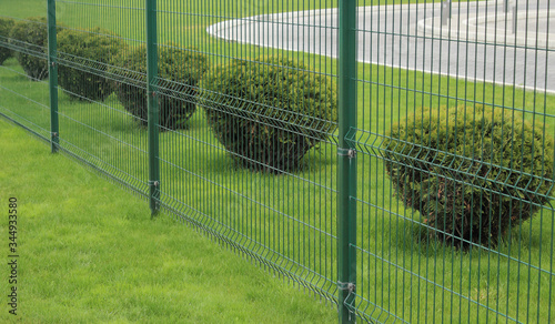 Photographie neat metal fence and bushes of a park zone in the city