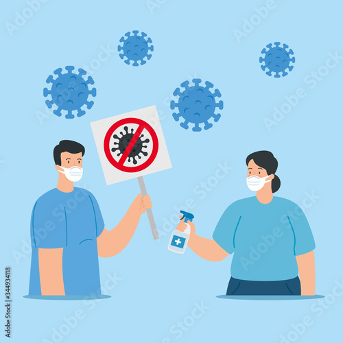 campaign of stop 2019 ncov with couple using face mask vector illustration design