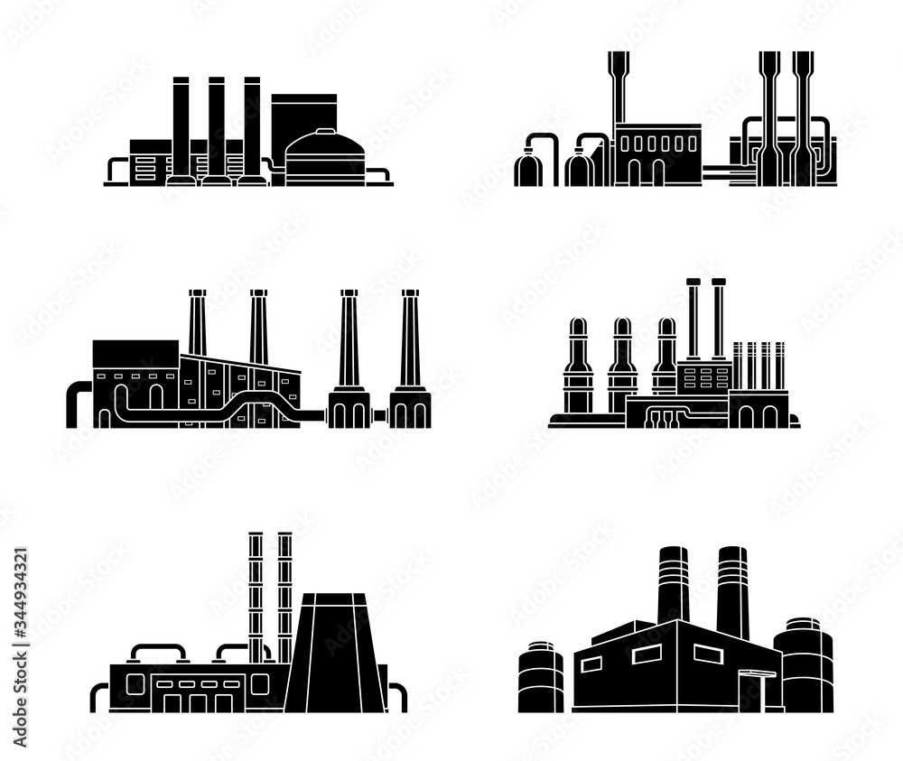 Set of industrial manufactory buildings. Factory, plant, energy and power station. Flat design. Vector illustration.