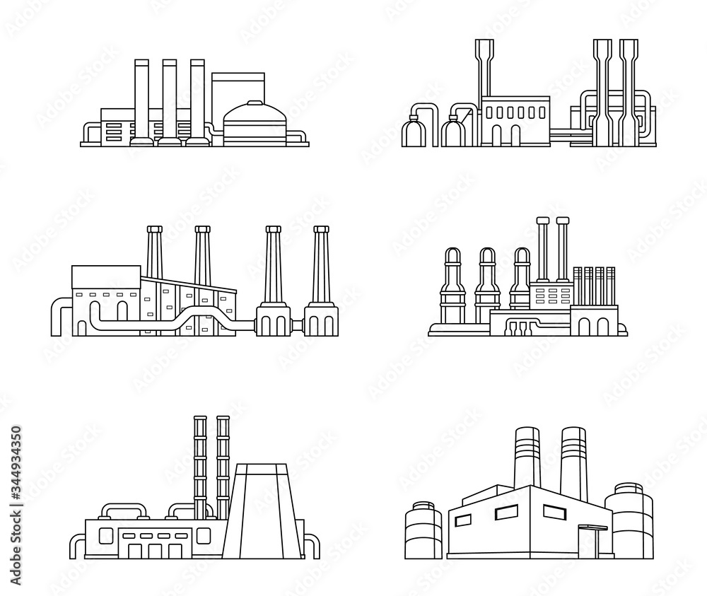 Obraz premium Set of industrial manufactory buildings. Factory, plant, energy and power station. Flat design. Vector illustration.