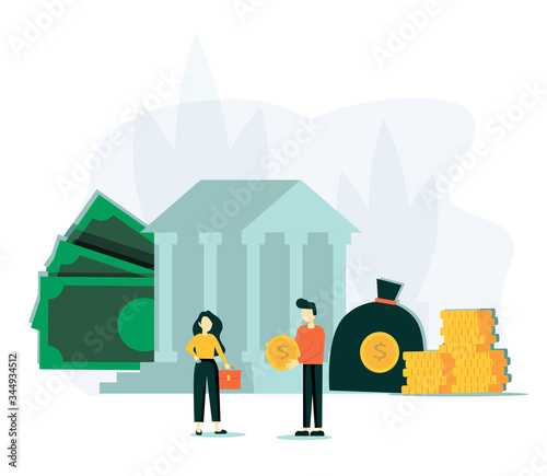 Vector flat illustration, bank building on a white background, bank financing, money exchange, financial services, ATM, giving out money