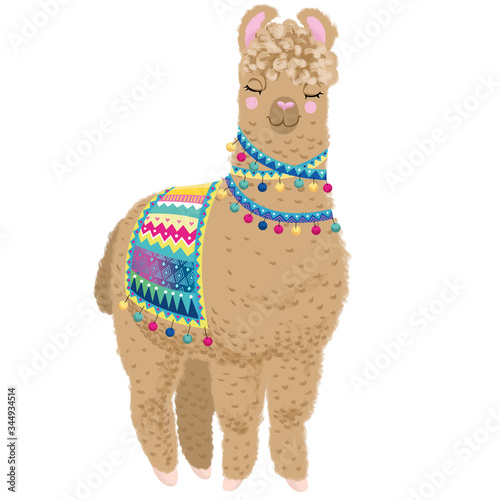 Brown llama with a bright saddle