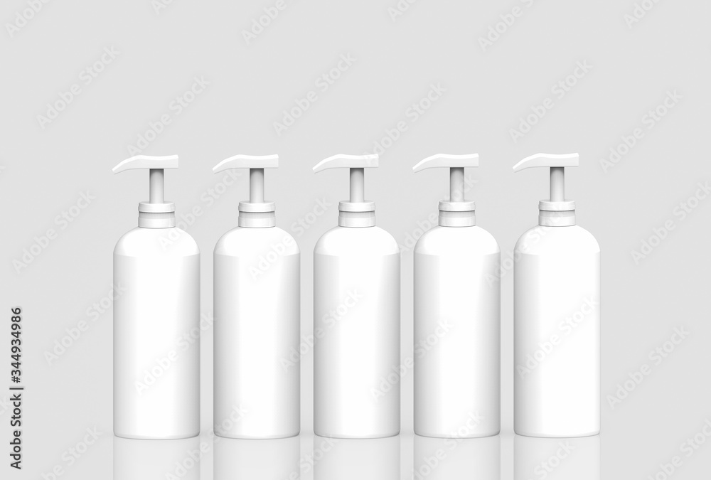 3d rendering. Empty no label white plastic liquid bottle row on gray background. 3d rendering. Empty no label white plastic liquid bottle row on gray background.