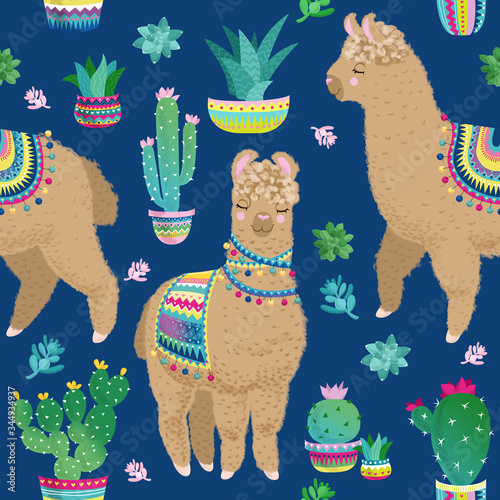 Llama and cacti on blue