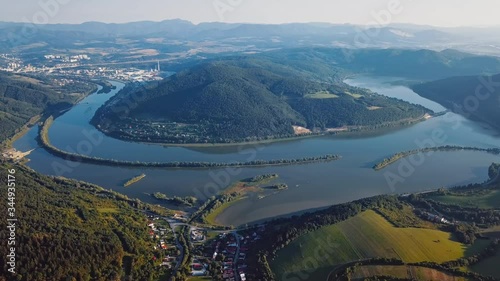 Aerial view of Vag river meander, near Nimnica spa village, Slovakia photo