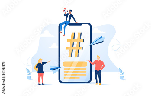 Vector illustration, phone with hashtag sign, people and social networks. Hashtag post viral web network media tag