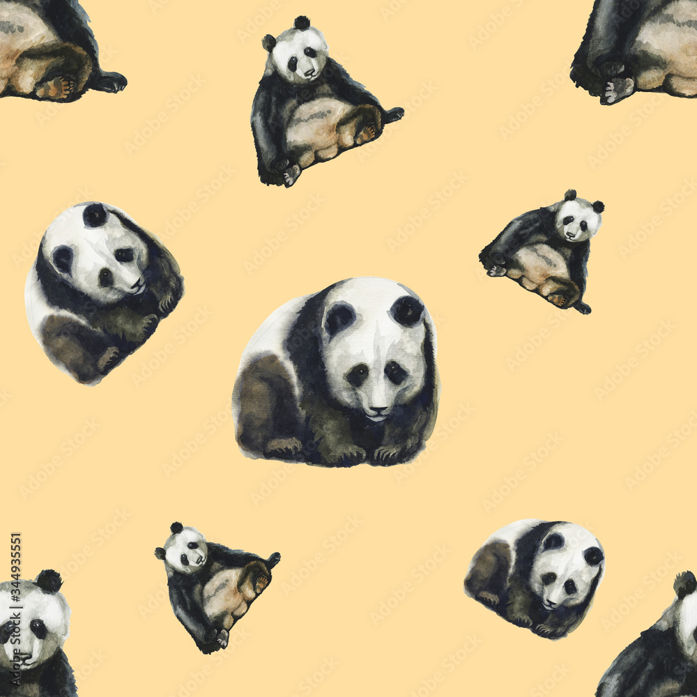 Watercolor seamless pattern with panda hand drawing decorative background. Print for textile, cloth, wallpaper, scrapbooking