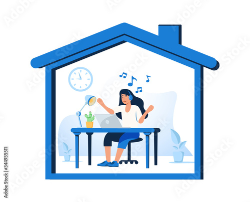 I stay at home awareness social media campaign and coronavirus prevention: man lying on the sofa and listening to music