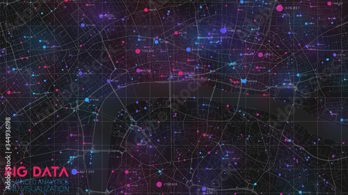 Big data in modern city. Abstract social information sorting visualization. Human connections or urban financial structure analysis. Complex geospatial data. Visual information complexity.