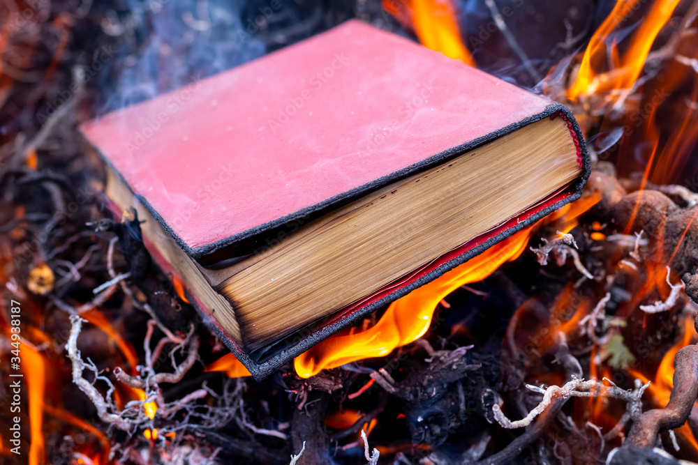 Burning a book at a fire. Destruction of Prohibited Literature - obrazy, fototapety, plakaty 