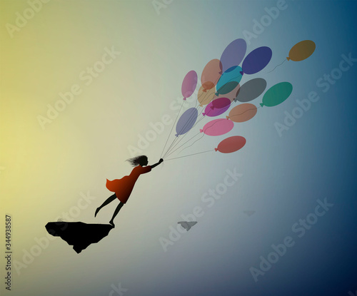 dream concept, girl silhouette flying on the air baloon and flying up to the sky, dreamer, flight to the dreamland,