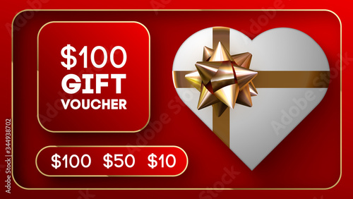 Red gift woucher with gold ribbon. Discount vector illustration. EPS 10.