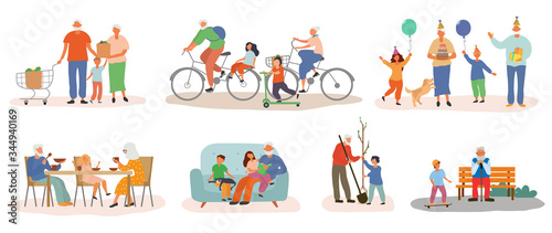 Colorful Grandparents collection with grandkids showing a range of different family activities, colored vector illustration