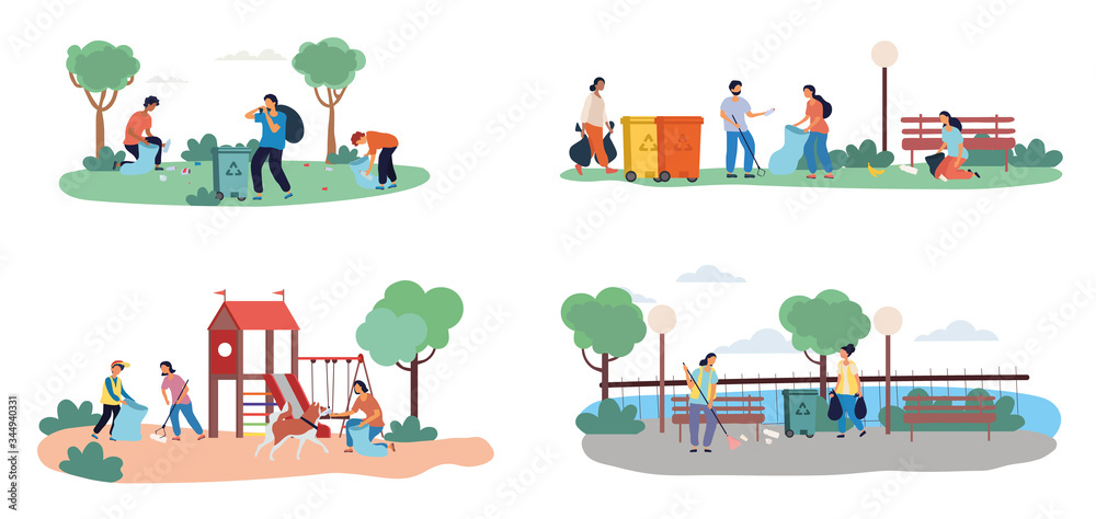 Four scenes showing the community collecting garbage in public spaces to save the ecology and planet from pollution, colored vector illustrations