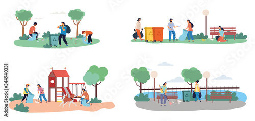 Four scenes showing the community collecting garbage in public spaces to save the ecology and planet from pollution, colored vector illustrations
