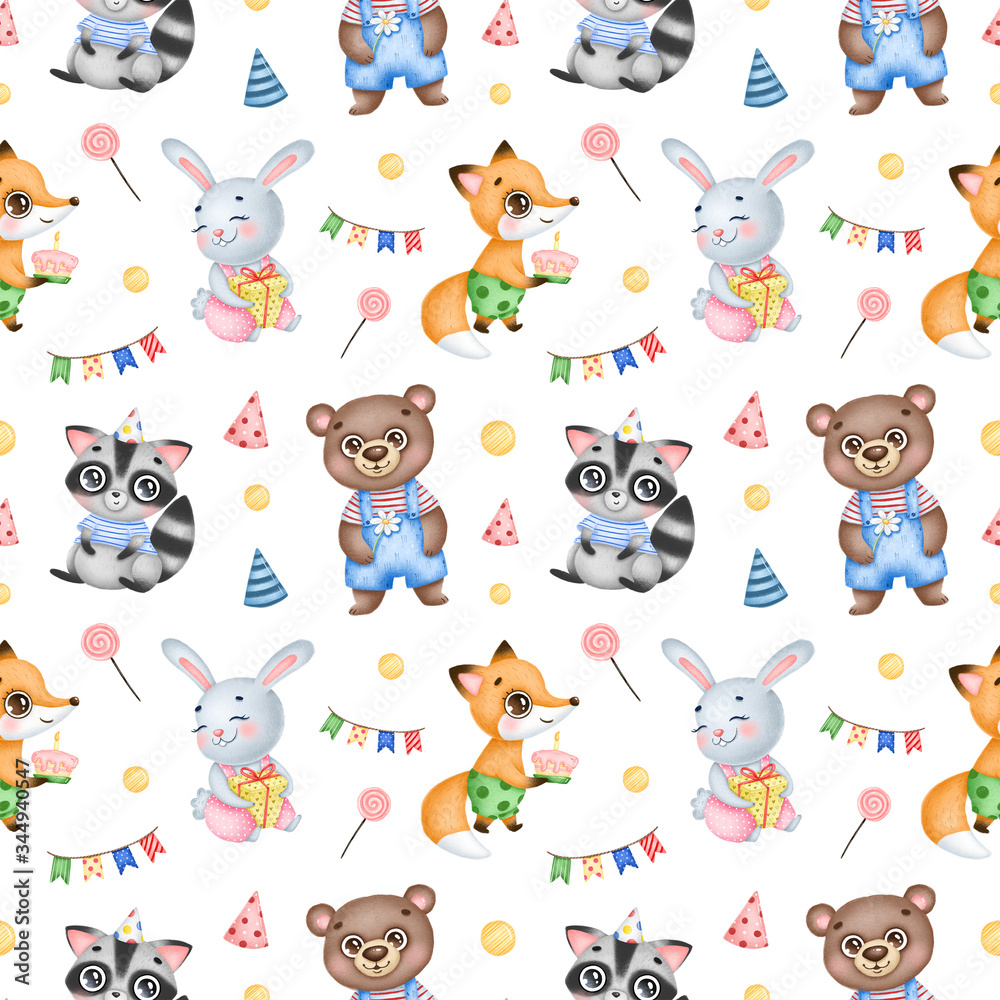 Cute cartoon birthday forest animals seamless pattern on a white background. Birthday party with little fox, bunny, raccoon and bear.