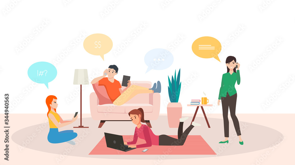 Group of people talking smartphone and working on laptop from home in living room during corona virus pandemic quarantine in flat icon design Group of people talking smartphone and working on laptop from home in living room during corona virus pandemic quarantine in flat icon design